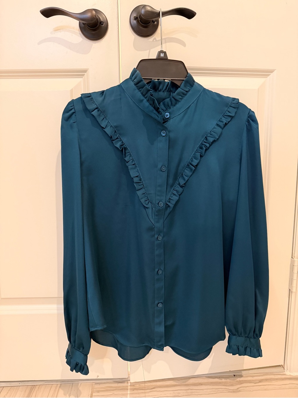 Ann Taylor Teal Ruffle-Trim Button Front Blouse